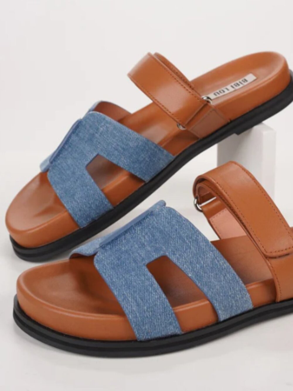 Denim & Tan Slide Sandals for Women